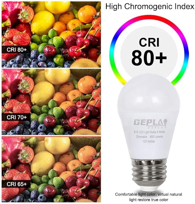 GEPLAD 6-Pack A15 Dimmable LED Light Bulbs, 5000K Daylight White, 800 Lumens, E26 Base, G45 Shape - Perfect for Refrigerator, Pendant Lights & Home Appliances, Energy Saving(60W Equivalent)