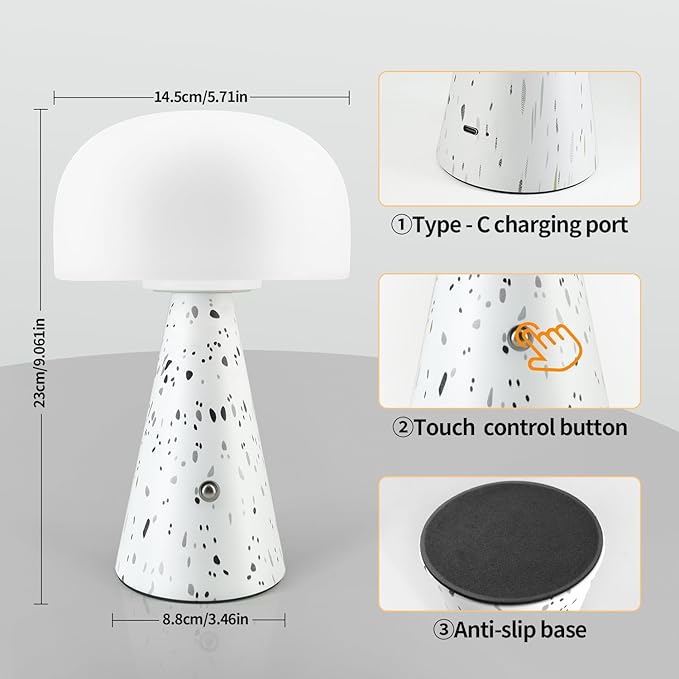 Levigo Cute Mushroom Table Lamp with Touch Switch, Natural Style Portable Cordless LED Dimmable Soft Light Lamp (Black)