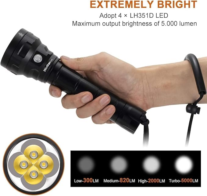 Wurkkos DL40 Diving Flashlight, Bright Max 5000 Lumen Scuba Dive Light with 4 LH351D LED, IPX8 Waterproof Submarine Flashlight Underwater 492ft, High 90CRI Rechargeable Diving Torch for Depth Cave