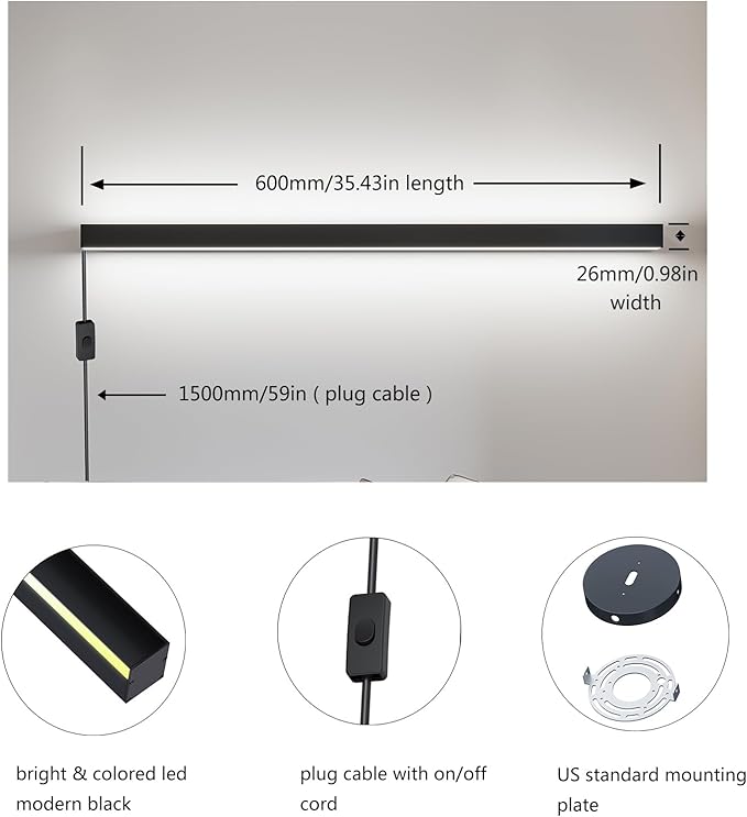 Smart Plug In Wall Lights Set of 2, RGBCW Color Changing LED Wall Sconces Works with Alexa, Goolge Home, Smart App, 23.6In Modern Black Indoor Wall Lamp for Bedroom, Living Room, Hallway, Music Sync