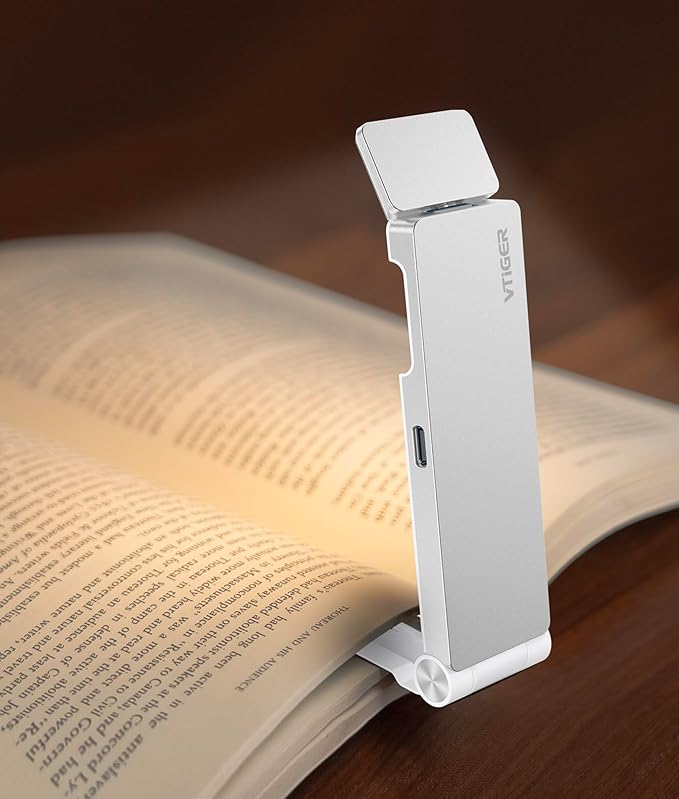 VTIGER Reading Light, USB Rechargeable Book Light for Reading in Bed,Foldable Clip-on LED Booklight, 3 Amber Colors & 4 Brightness Dimmable,Long Lasting Portable Bookmark Lamp for Book Lovers, Kids