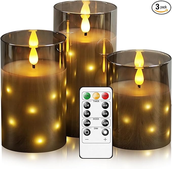 Real Wax Flameless Candles Glass,Battery Operated LED Candles with Flickering Flame,Glass Shell,Interior Star Light Decoration Set of 3 Grey (D 3"×H 4" 5" 6") for Home Decor,Holiday Decoration