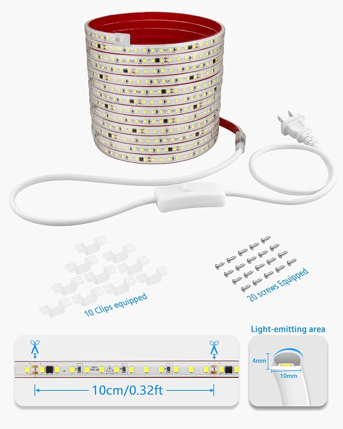 White LED Strip Lights 110V for Bedroom 20FT Adhesive Flexible Outdoor Waterproof LED Rope Light for Outside AC 110V-120V 2835 120LED/M LED Tape Light with Switch Plug in for Bedroom Indoor