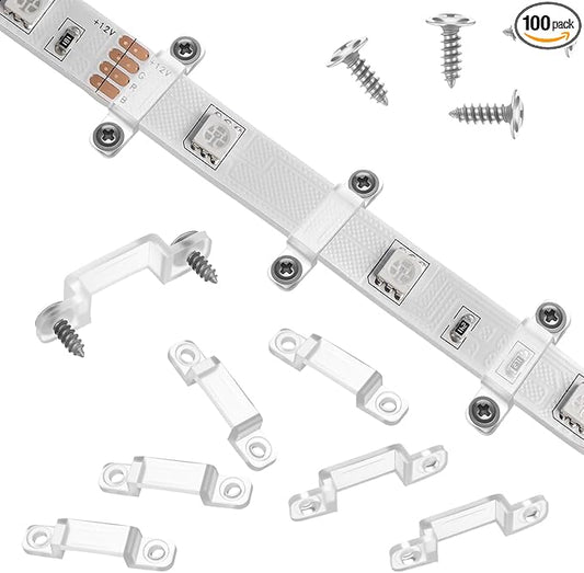 100 Pack LED Strip Light Mounting Brackets Stripe Light Holder, Transparent Fixing Clips LED Tape Hook Rigid Clips for 12mm Wide IP67/68 Waterproof Strip Lights, with 200 Screws