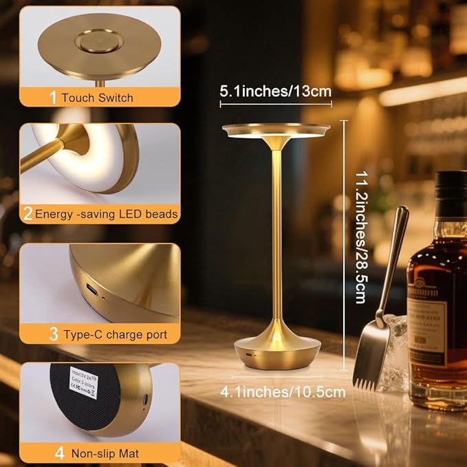 2 Pack LED Rechargeable Cordless Table Lamps,Portable Outdoor 6000 mAh Battery Operated Table Light Touch Control 3 Color Dimmable Waterproof for Patio/Cofee/Restaurant/Camping/Dining/ Bedroom-Gold