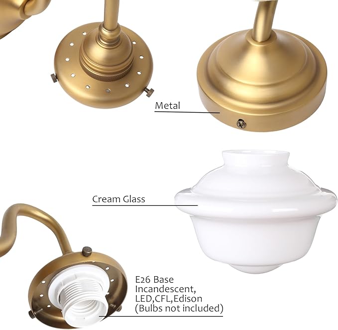 Pathson Vintage Wall Sconce with Milk White Glass, Hardwired Gooseneck Wall Vanity Light Bathroom Sconce Fixture for Living Room, Foyer, Loft, Bedroom, Farmhouse Lamp
