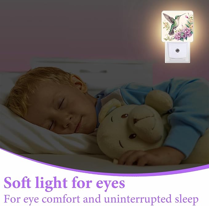 Groovy Hummingbirds Night Light,Flowers Plug-in Night Lights with Dusk-to-Dawn Sensor for Bedroom,Bathroom and Living Room Sleep Friendly lamp 0.5w