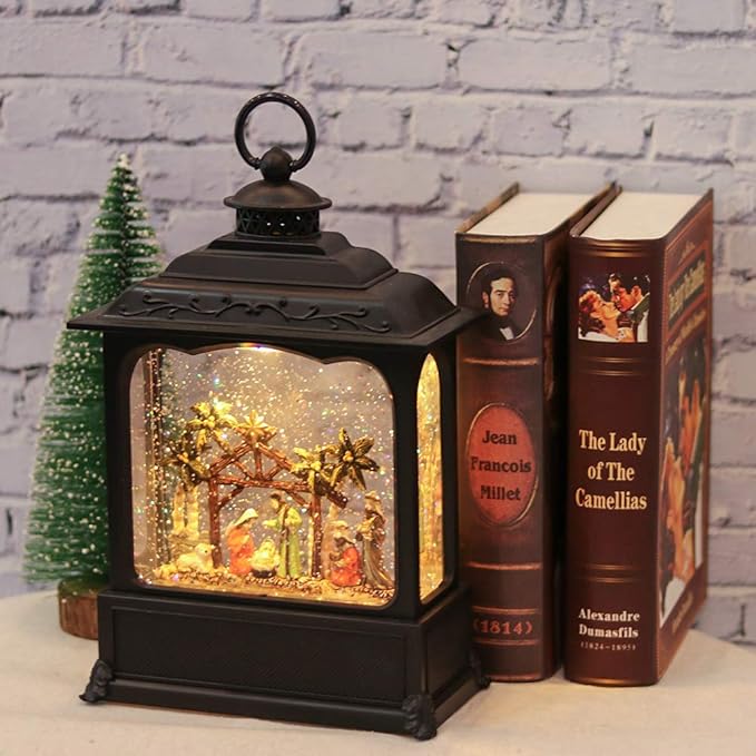 Eldnacele Musical Snow Globe Lantern with Timer, Lighted USB/Battery Operated Swirling Singing Water Glittering Lantern, Snow Globes for Adults and Kids Christmas Decoration- Nativity