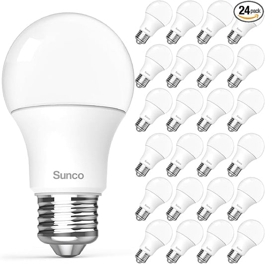 Sunco 24 Pack A19 LED Light Bulbs, [Focos para Casa], E26 Base Lamp Bulb for Bedroom Bathroom, 850 LM, 8W (60W Equivalent), 5000K Daylight, Non-Dimmable, 25000 Lifetime Hours UL.