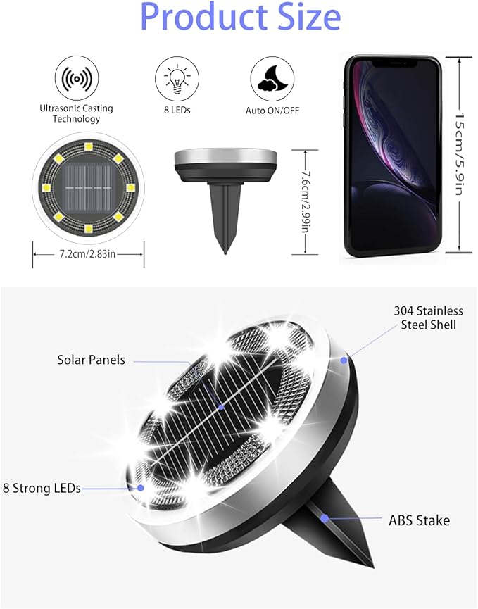Solar Lights Outdoor Waterproof, 12 Pack 8 LED, Thickened Stainless Steel Ground Light, Solar Garden Lights Landscape Lighting for Patio Pathway Lawn Yard Deck Driveway Walkway, Cool White