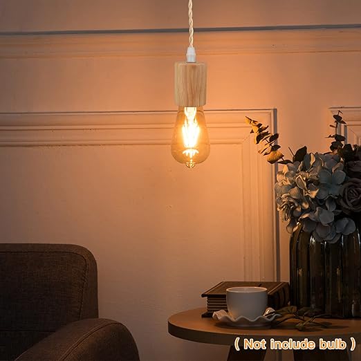 15FT Wood Pendant Light Cord Kit, Swag Hanging Lamp Kit with Plug In & Switch, Hanging Lights DIY Farmhouse Industrial E26 Socket Pendant Light Fixtures Vintage 15ft Twisted Cloth Covered Wire