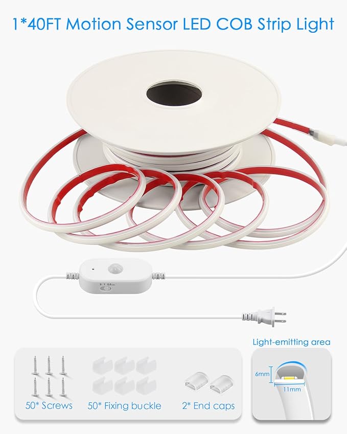 AC 110V Motion Sensor COB LED Strip Light Outdoor Waterproof 40FT/12M Plug In Warm White 3000K High Density 288LED/M Adjustable Time-Delay Flexible Motion Activated Led Light Strip for Cabinet Stairs