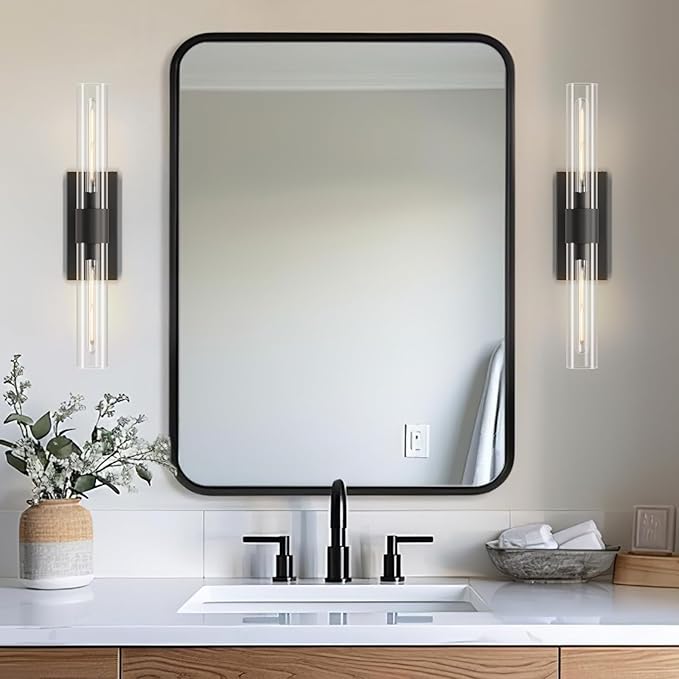 YUYI Black Wall Sconce, 22.8'' Wall Light for Bathroom Vanity, Modern Wall Lighting Fixture with Clear Glass Shade, Indoor Wall Sconce for Bathroom Vanity, Bedroom, Living Room, Hallway, Fireplace