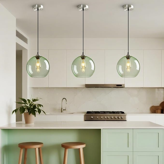 Light Green Glass Pendant Lights Kitchen Island Globe Pendant Light Fixtures Modern Pendant Lighting for Bedroom Living Dining Room Light Fixture (9.84 in, 1 Pack)