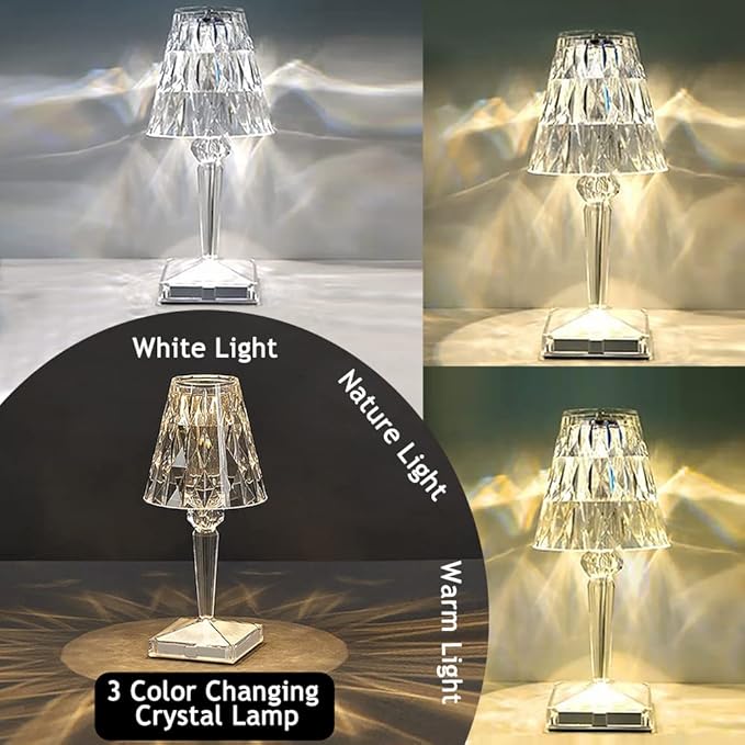 2pcs Crystal Table Lamp Touch Control Crystal Rose Lamp, [2000mAh]Rechargeable LED Diamond Table Lamps with 3 Color Changing Light, [Non-Yellowing]Acrylic Cordless Table Lamp Small Lamp for Bedroom