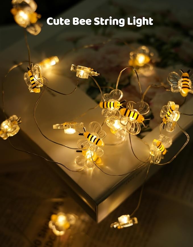 Bee Decor String Lights 10Ft 30 LEDs Battery Operated Bee Bumble Whimsical Decorations Spring Decor Honey Gifts for DIY, Home, Classroom, Birthday, Kids Room, Garden, Wedding, Party