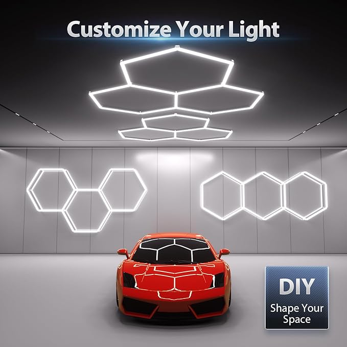 Hexagon Garage Lights 105W 12600LM, 6500K Ultra-Bright Hexagon LED Lights for Garage, 3 Grid Systems Honeycomb Hex Light for Workshop, Basement, Car Detailing, Gaming Room