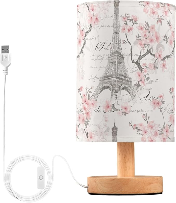 Eiffel Tower Floral Pink and White Table Lamp for Bedroom USB Port Lamps Small Accent Table Lamp Nightstand Lamp Study Linen Shade with Wooden Base, Decorative Lamps for Bedside Reading|Kids|Dorm|Home