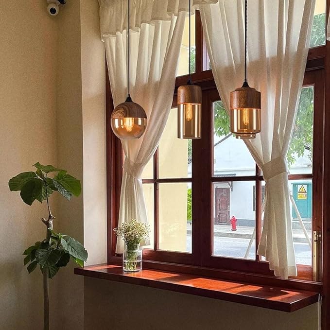 Walnut Pendant Light for Kitchen Over Sink Japanese Style Height Adjustable Glass Hanging Lamp Modern Hanging Lamp with Vintage Wood Grain Pendant Chandelier for Bedroom Dining Room Hallway(A
