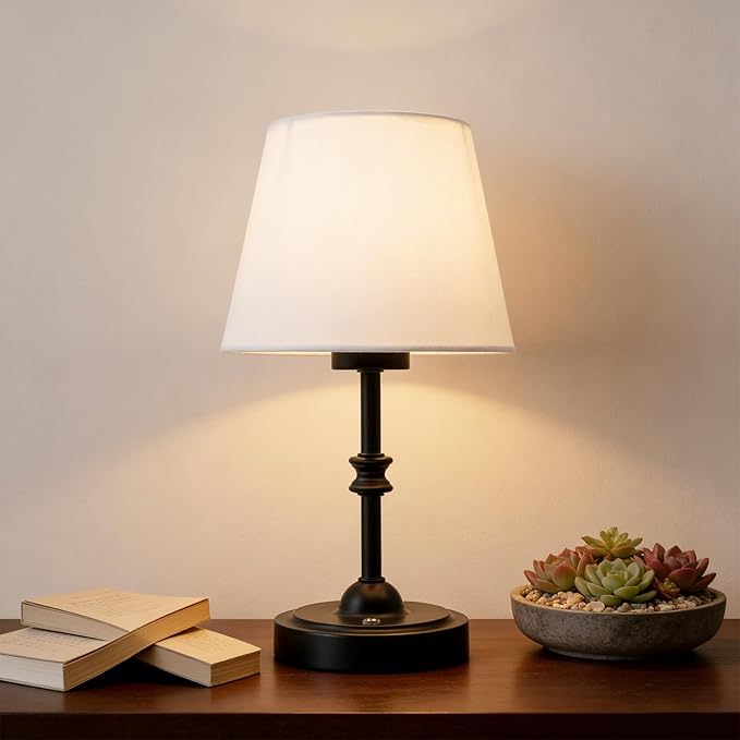 Portables Cordless Table Lamp, LED Fabric Shade Desk Lamp,Rechargeable Battery Operated，Lighting for Bedroom, Bedside,Bar,Living Room, Dining Room, Night Light (Black)
