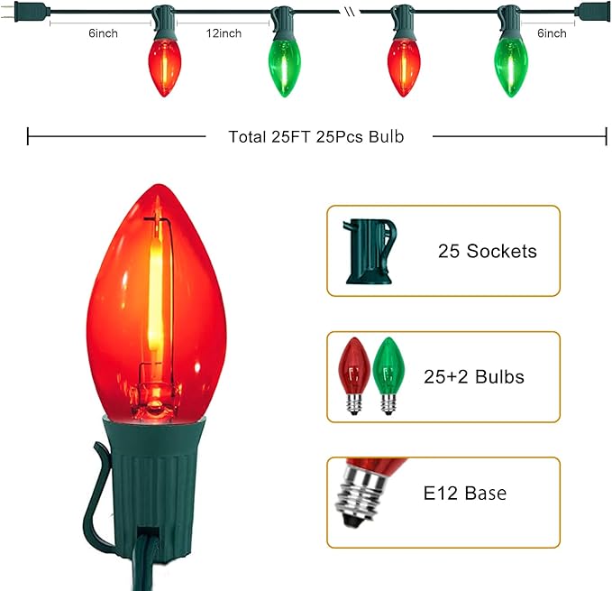 25FT C7 Christmas Lights Outdoor, Red Green Classic 2-Color LED String Lights for Roof, Fence, Tree, Traditional Holiday Decor