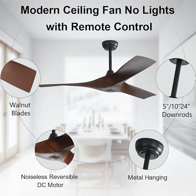 52" Ceiling Fan No Lights with Remote Control,Reversible DC Motor, 3 Walnut Wood blade Ceiling Fans without Lights for Patios Living Room,Matte Black