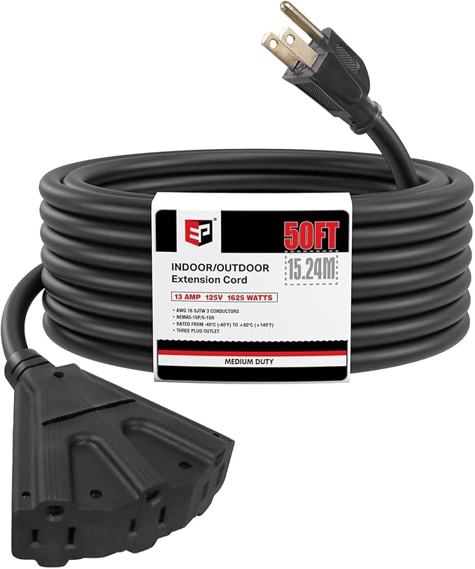 EP 50 Ft Outdoor Extension Cord with 3 Electrical Power Outlets - 16/3 SJTW Black Cable with 3 Prong Grounded Plug for Safety Great for Christmas Lights, Garden and Major Appliances