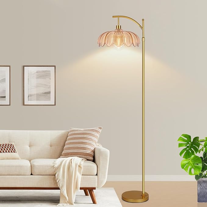 Floor Lamp for Living Room,Bedroom,Gold Dimmable Standing Lamp with Remote,Mid Century Modern Brass Tall Lamp Retro Vintage Glass Lamp Floor Light Boho Bohemian