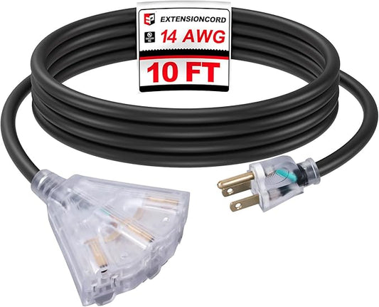 EP 10 Ft Lighted Outdoor Extension Cord with 3 Electrical Power Outlets - 14/3 SJTW Heavy Duty Black Extension Cable with 3 Prong Grounded Plug - Power Cord for Lawn, Garden, Appliances