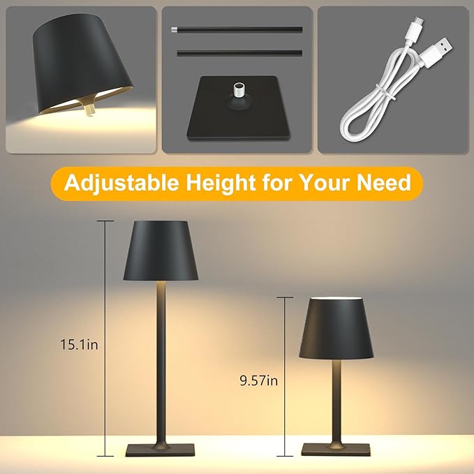 2 Pack Rechargeable Table Lamp - Cordless LED Lamp with 6000mAh Battery Operated LED Desk Lamp, Portable Table Light Outdoor for Dinner Patio Restaurant Bar Bedroom Coffee Shop Night Light(Black)