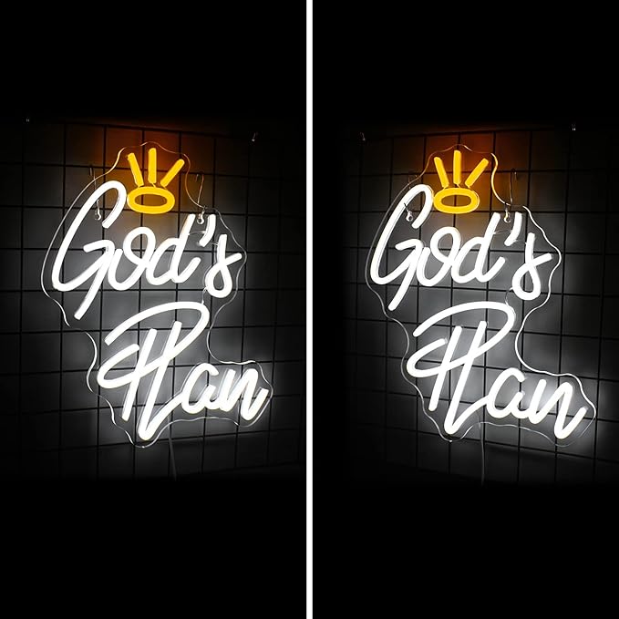 Horseneon God's Plan Neon Led Sign, God Neons Sign for Wall Decor, White Letter Neon Lights Signs with USB Powered for Bedroom, Living room, Wall Art Decoration