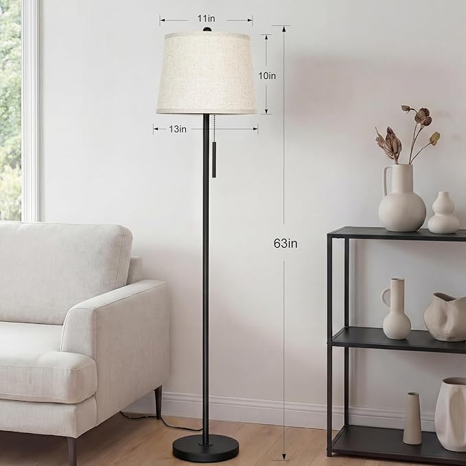 【Upgraded】 Modern Black Floor Lamp 63in Standing Lamp for Living Room Bedroom Office 3 Way Brightness Dimmable Tall Pole Light with Beige Linen Shade Metal Shade 8W 3000K LED Bulb Included