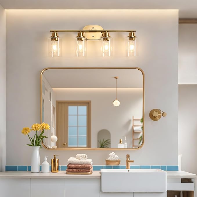 Ascher 4-Light Bathroom Light Fixtures, Modern Vanity Lights Over Mirror, Gold Wall Lamp with Clear Glass Shade for Bathroom Mirror Hallway Cabinet Porch Living Room