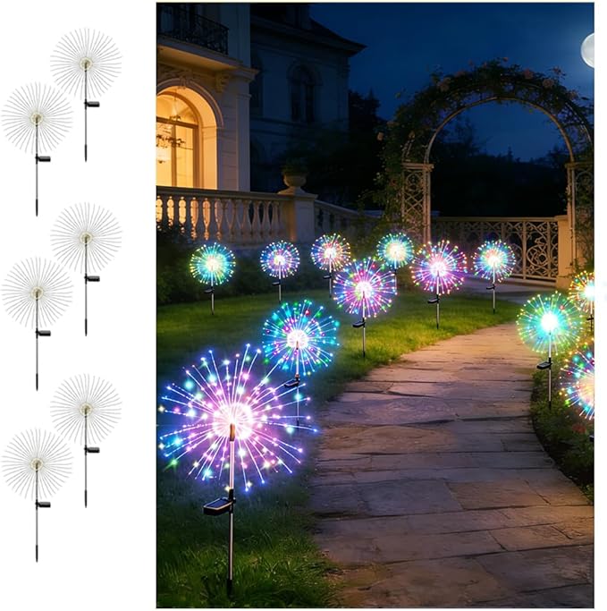 Solar Fireworks Lights for Outside, 150LED 8 Modes Fireworks Solar Lights Outdoor, Fairy Garden Flowers for Yard Pathway Wedding Party Christmas Diwali Garden Decor 6Pack (Multicolor)