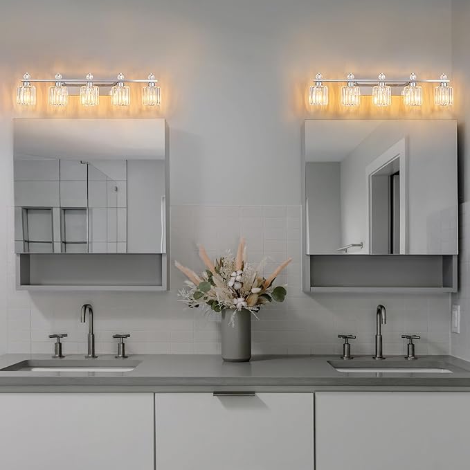 Bathroom Vanity Lights 5-Light Chrome Modern Crystal Vanity Light Fixtures Over Mirror Crystal Bathroom Vanity Lighting Fixtures