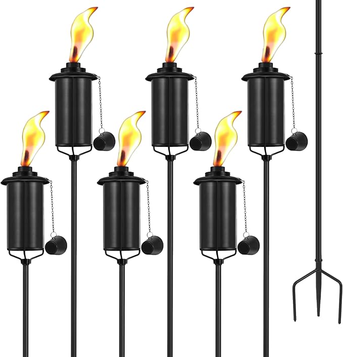 6 Pack Garden Torches, 16 oz Metal Torch for Outside with 3-Prong Grounded Stake, Outdoor Decorative Citronella Torches, 59 inch Garden Décor Torches