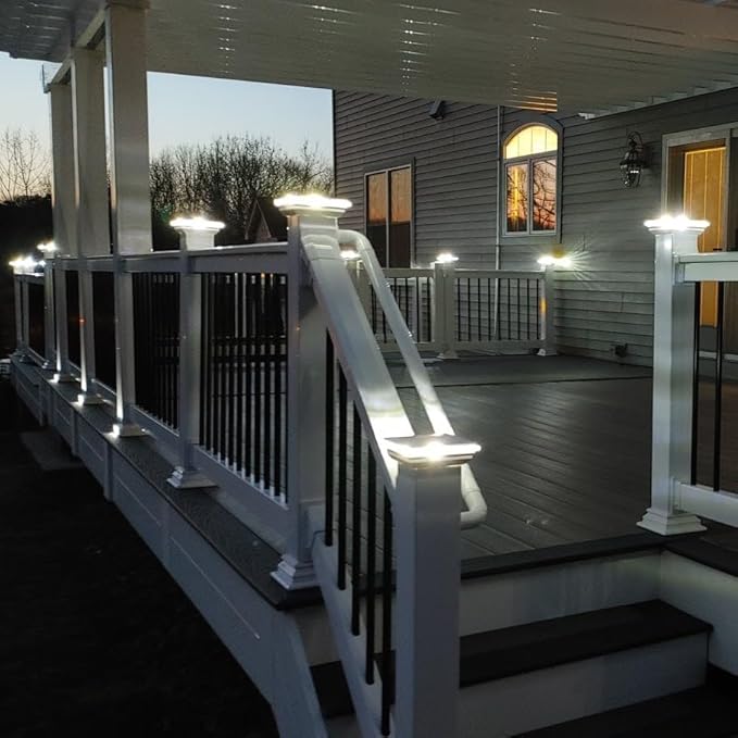 DekLights® Pro Line LED Lighted Post Cap for 4x4 Deck/Fence Posts. Wired 12volt Low Voltage with Replaceable Light Bulb. for Vinyl or Composite railings. Made in USA (White Glass Edge Upgrade 6000k)