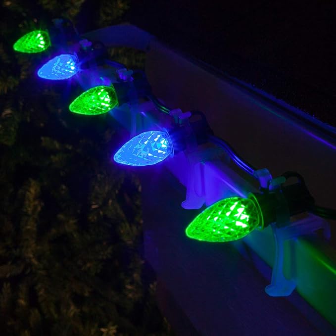 Set of 50 C7 OptiCore Blue and Green Commercial Christmas Lights – LED Outdoor Heavy Duty Bulbs on 18 Gauge Green Wire (50 ft)