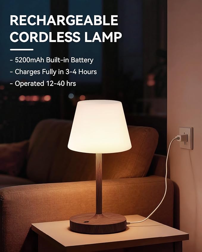Outdoor Waterproof Shower Lamp, 5200mAh Cordless Rechargeable Table Lamp with Touch Dimming, IP65 Wireless LED Night Light for Patio, Camping, Bathroom, Restaurant & Kitchen