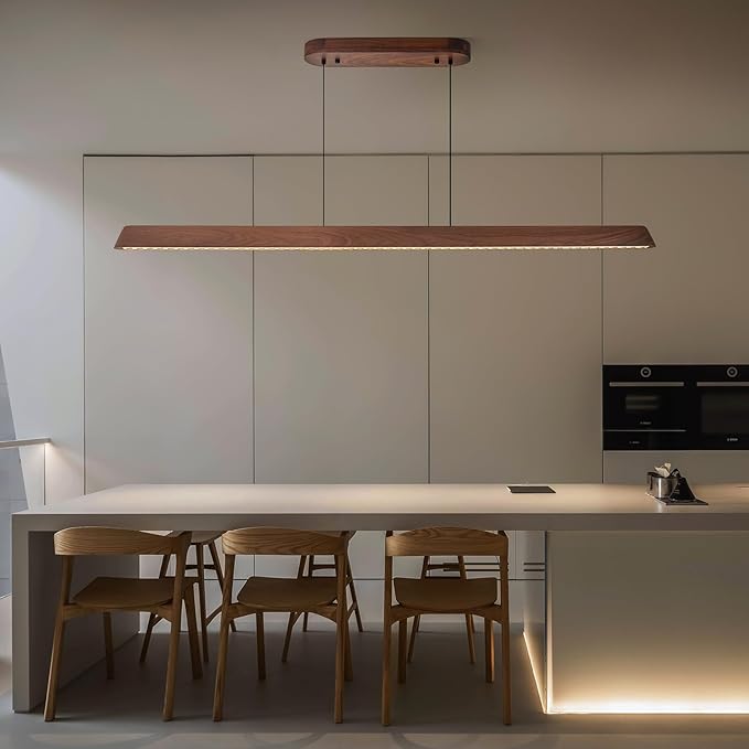 70" Wood Linear Pendant Light, Dimmable Kitchen Island Lighting with Remote, 30W LED Island Lights for Kitchen, Adjustable Linear Chandelier for Dinning Room Light Fixture, Bar, Pool Table - Walnut