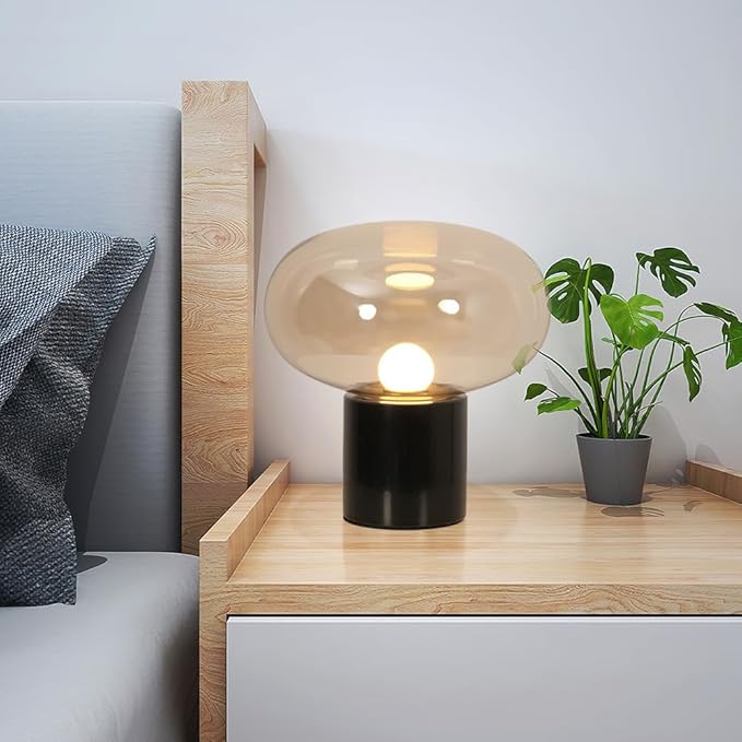 Meefad Glass Table Lamp, Mushroom Shape Bedside Lamp with Marble Base, Small Night Light for Bedroom Office Nightstand Cognac Finish
