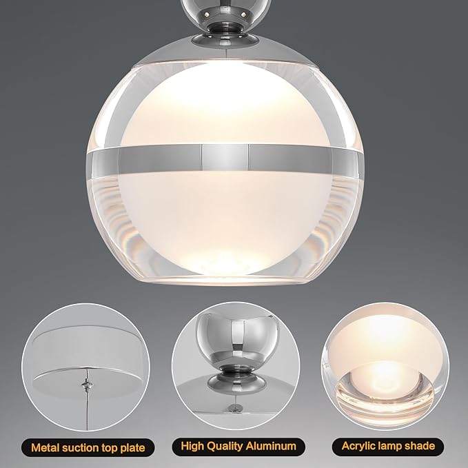 Modern Kitchen Pendant Lights, 1-Light Chrome Silver Globe Acrylic Ceiling Hanging Pendant Light Fixtures, LED Pendant Lights Kitchen Island for Dining Room Living Room Bedroom Bathroom
