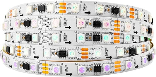 BTF-LIGHTING WS2811 IC=RGB+IC Addressable Dream Color LED Strip 16.4FT 60LEDs/m 20Pixels/m Non-Waterproof White PCB Flexible DC12V Chasing Effect for Indoor Home Decor(No Adapter or Controller)