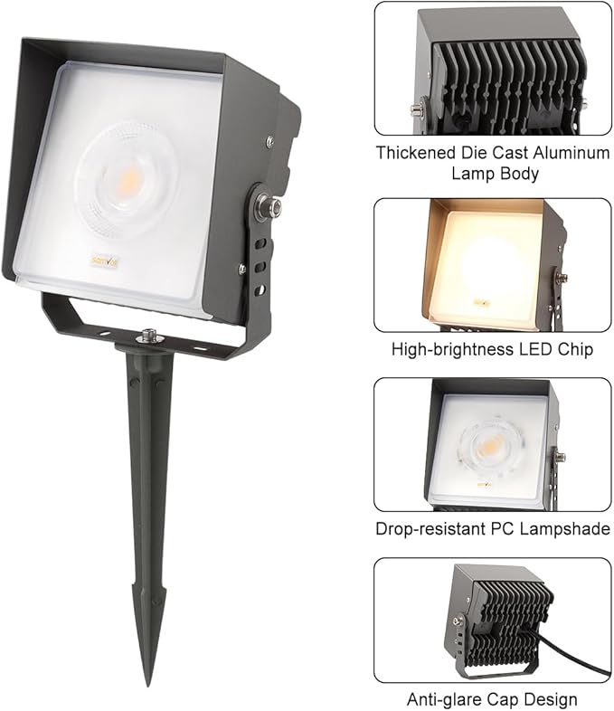 Led Landscape Outdoor Spot Light with Anti-Glare Cap - Heavy Duty Waterproof IP65 120V 270⁰ Adjustable Mount, 3000K Thickened Aluminum Spotlight for BLDG Yard Garden Tree (48 Watts)