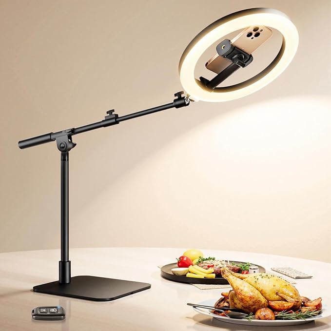 Ring Light with Stand for Desk,Adjustable Overhead Phone Mount with 10" Ring Light Tripod for iPhone,Phone Tripod with Light and Remote Phones Holder for Video Recording,Live Stream,Cooking Video