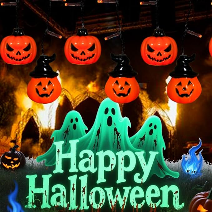 6ft Halloween Pumpkin Curtain String Lights, Led Icicle Light Strand, Jack-o'-Lantern with 8 Modes Battery Operated Indoor Outdoor Holiday Decoration