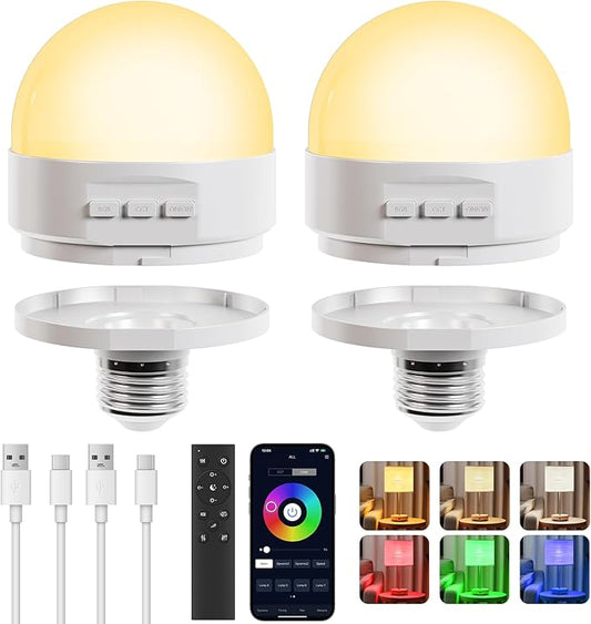 E26 2.4Ghz Rechargeable Light Bulb with Remote Control,Battery Operated Light Bulb for Sconces and Lamps, E26 Detachable Charging for Non-Hardwired Fixture,Dimmable 3000K-6500K RGBWW,2Pack