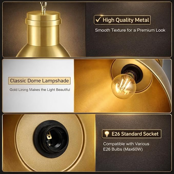 BoostArea Gold Pendant Lights Kitchen Island, 10.6" Large Metal Shade and 70.9'' Adjustable Height, Modern Pendant Lighting Fixtures,Farmhouse Hanging Pendant Light for Kitchen Island/Bar,No E26 Bulb
