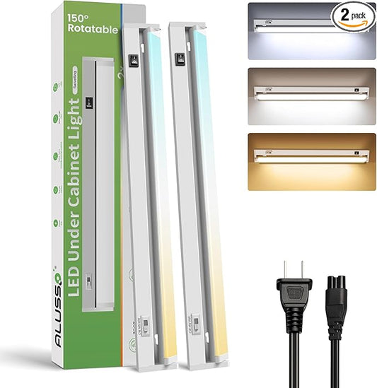 ALUSSO LIGHTING® 22 Inch Under Cabinet Lighting Plug in, Swivel LED Under Cabinet Lighting,3 Color Temps,150° Rotatable,8W 650lm, Linkable Under Cabinet Lights for Kitchen, 2 Pack
