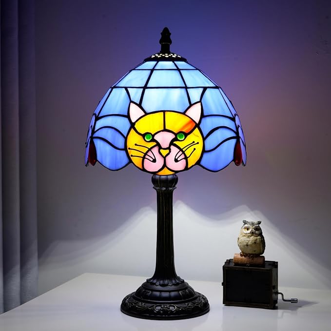 Stained Glass Table Lamp 8 Inch Orange Warm Ambient Lighting Bedroom Small Nightstand Dorm Cafe Office Corner Vintage Home Decoration Table Lamp Blue Cute Cat Lamp